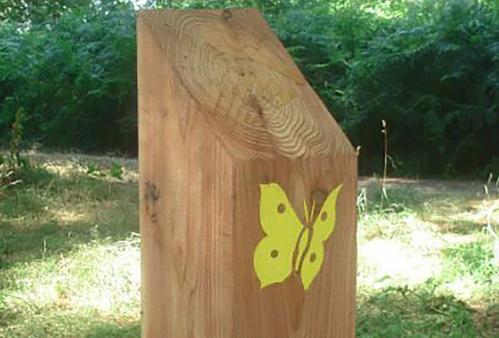 Large timber bollard with sandblasted butterfly