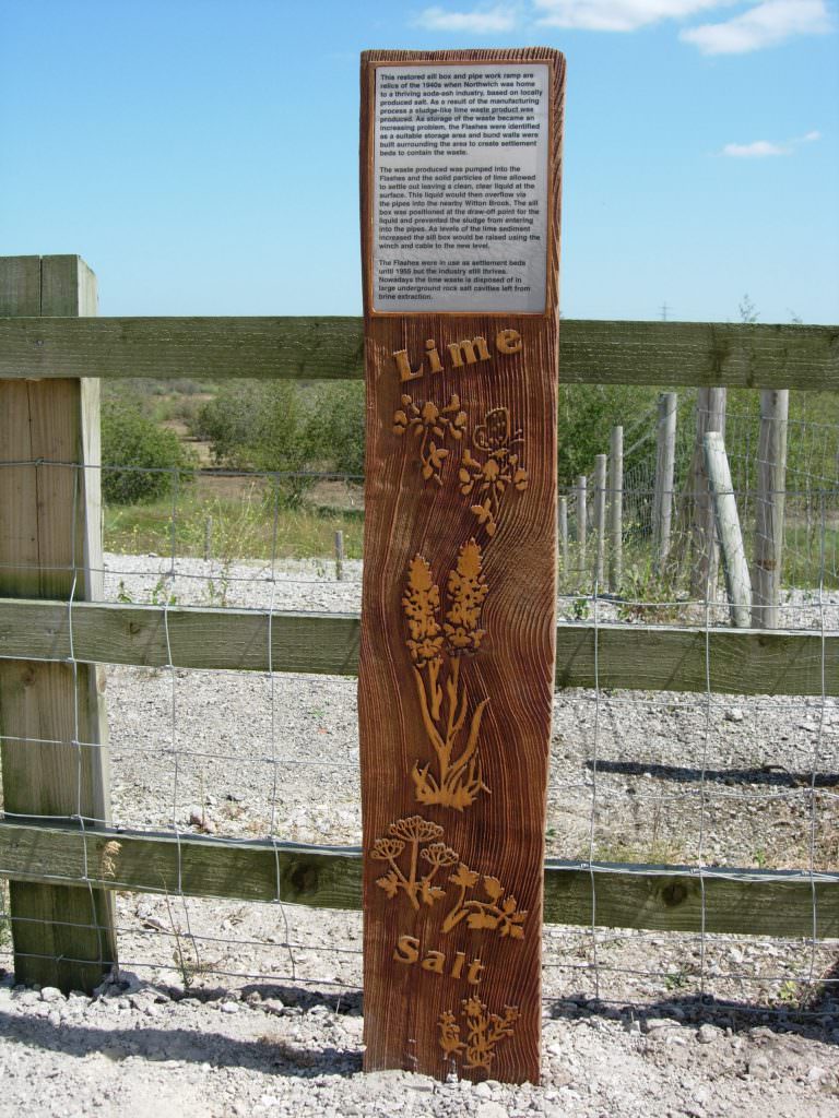 A sandblasted Cedar information sign with tactile natural history illustrations an a printed plaque